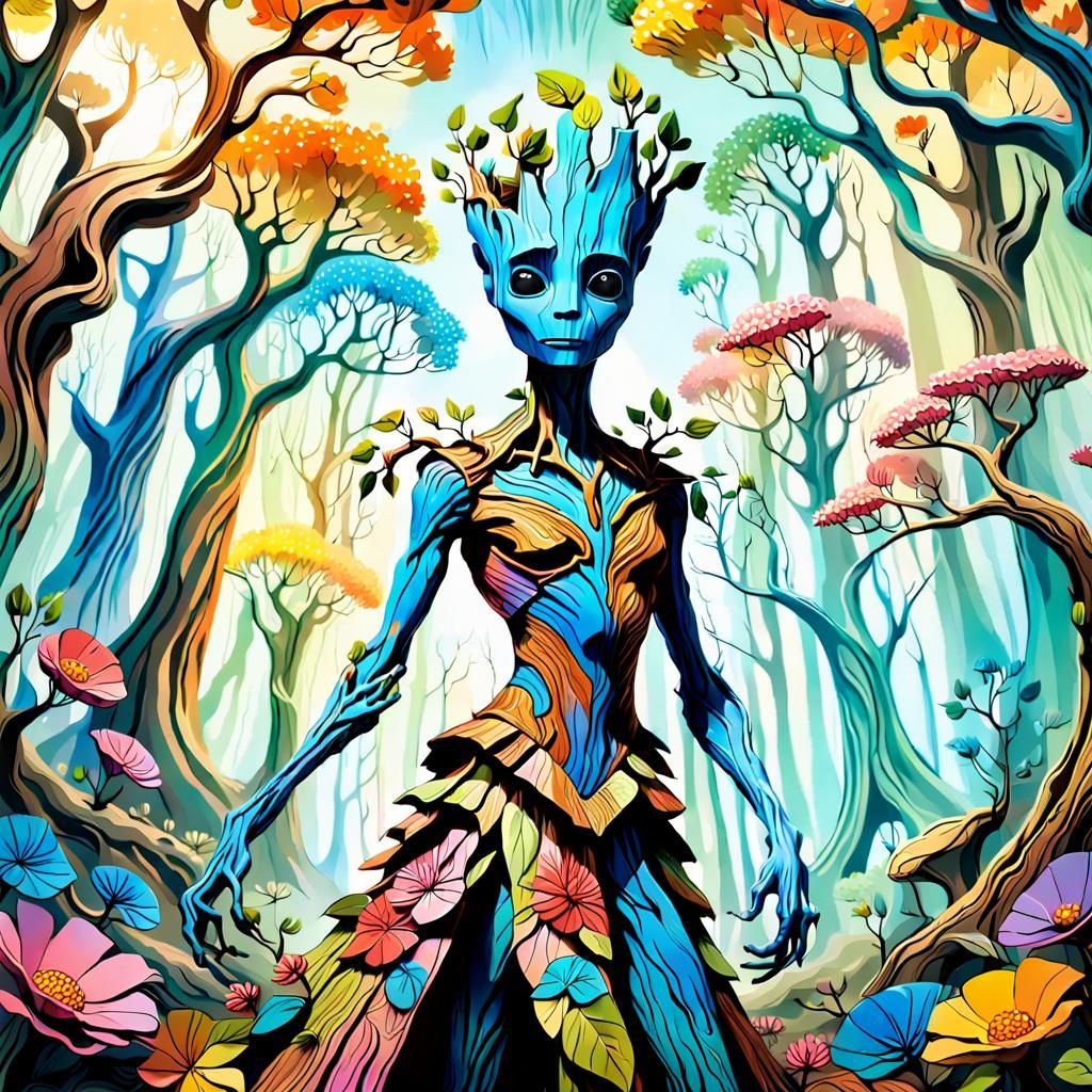 Groot in Whimsical Floral Dress, A Surrealist Masterpiece