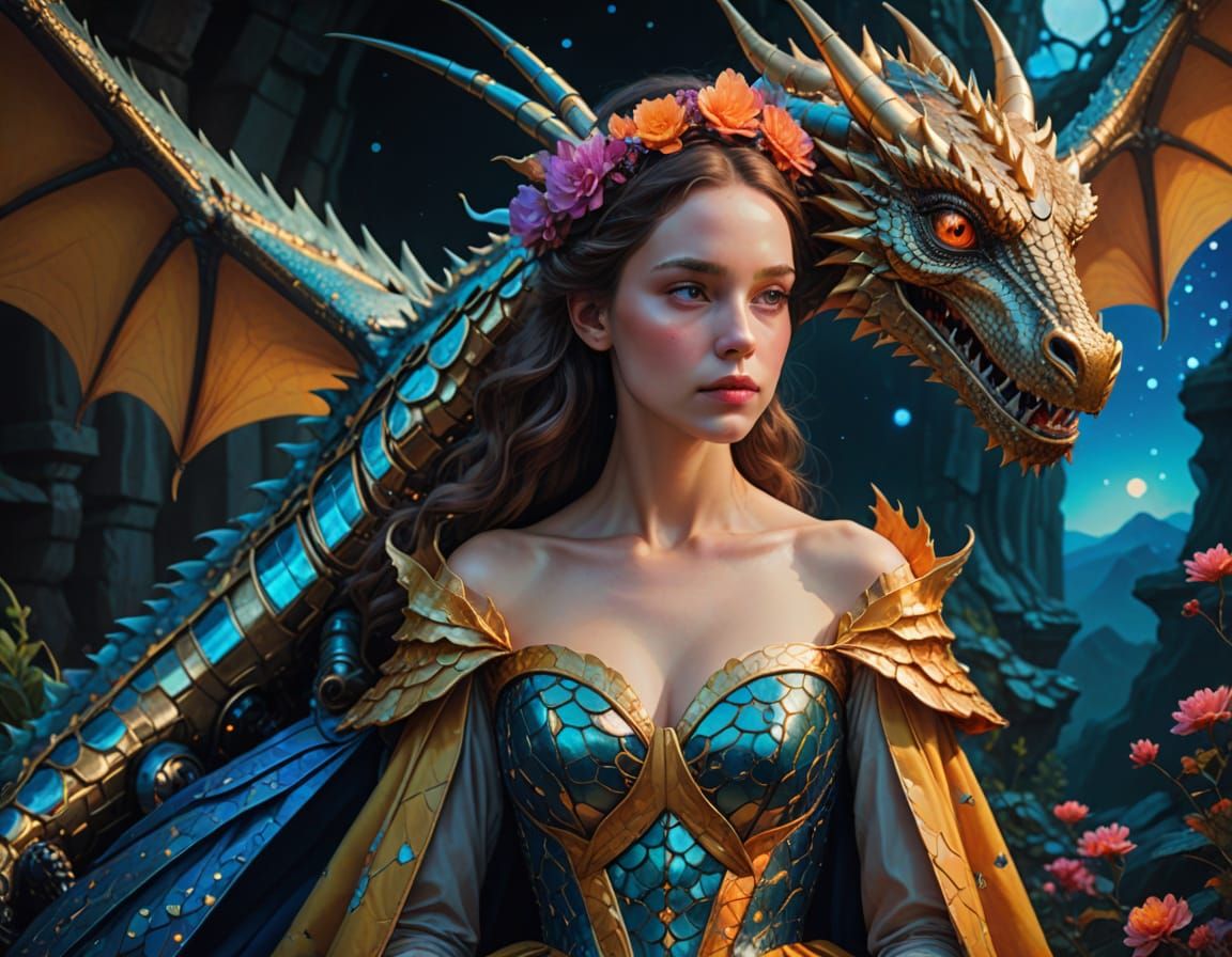 Princess and Robotic Dragon in Dreamlike Digital Art