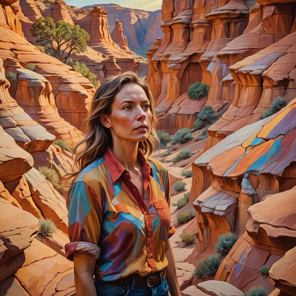 Vibrant Woman Amidst Sandstone Formations in Dali-esque Oil...