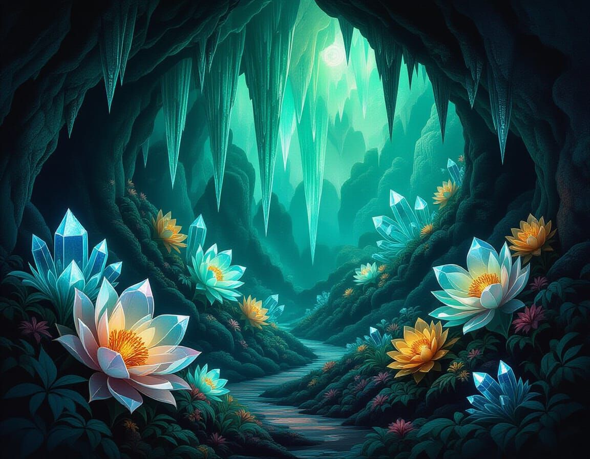 Bioluminescent Cavern on Alien World as Ink Painting