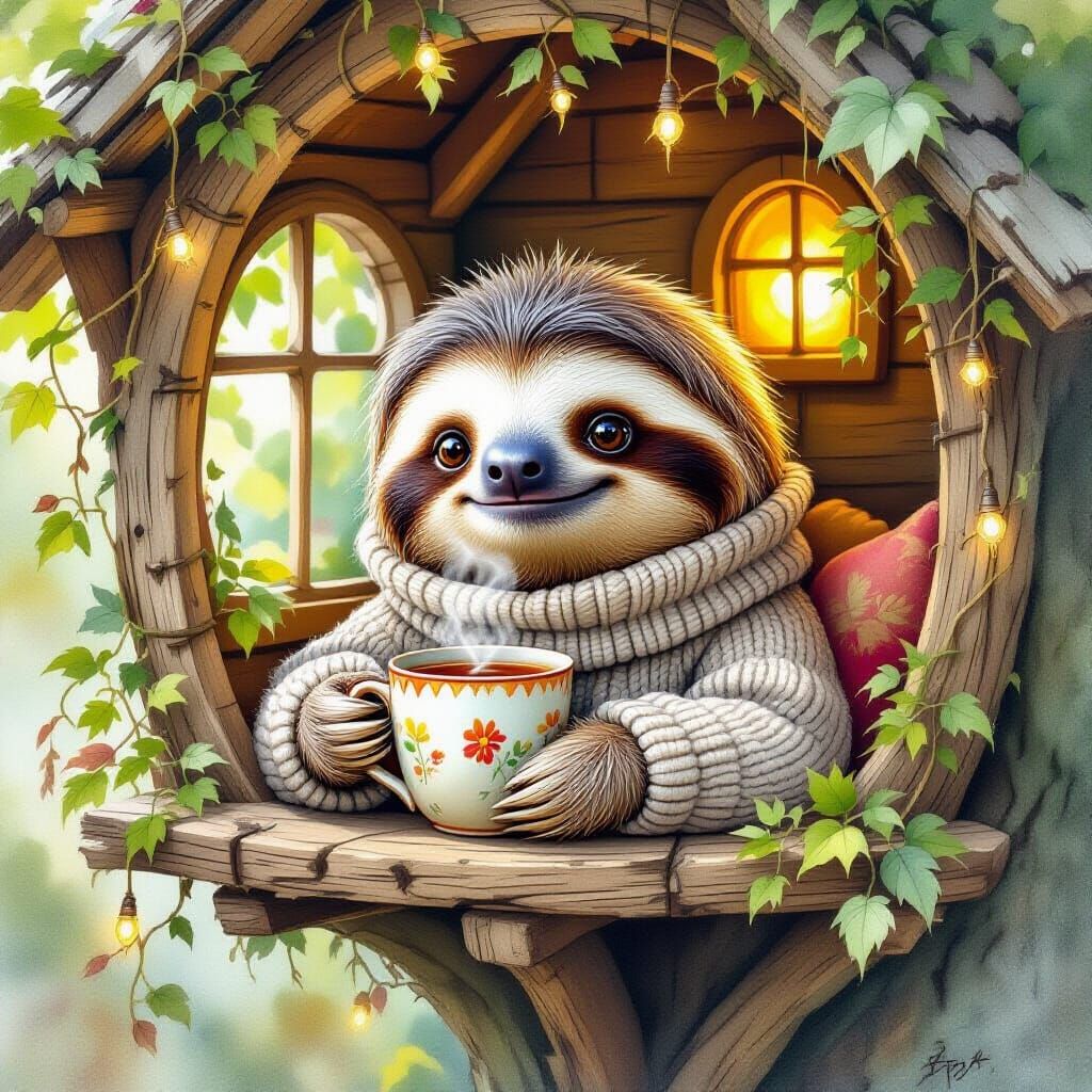 Cozy Sloth Sipping Tea in Treehouse, Romantic Watercolor Sty...