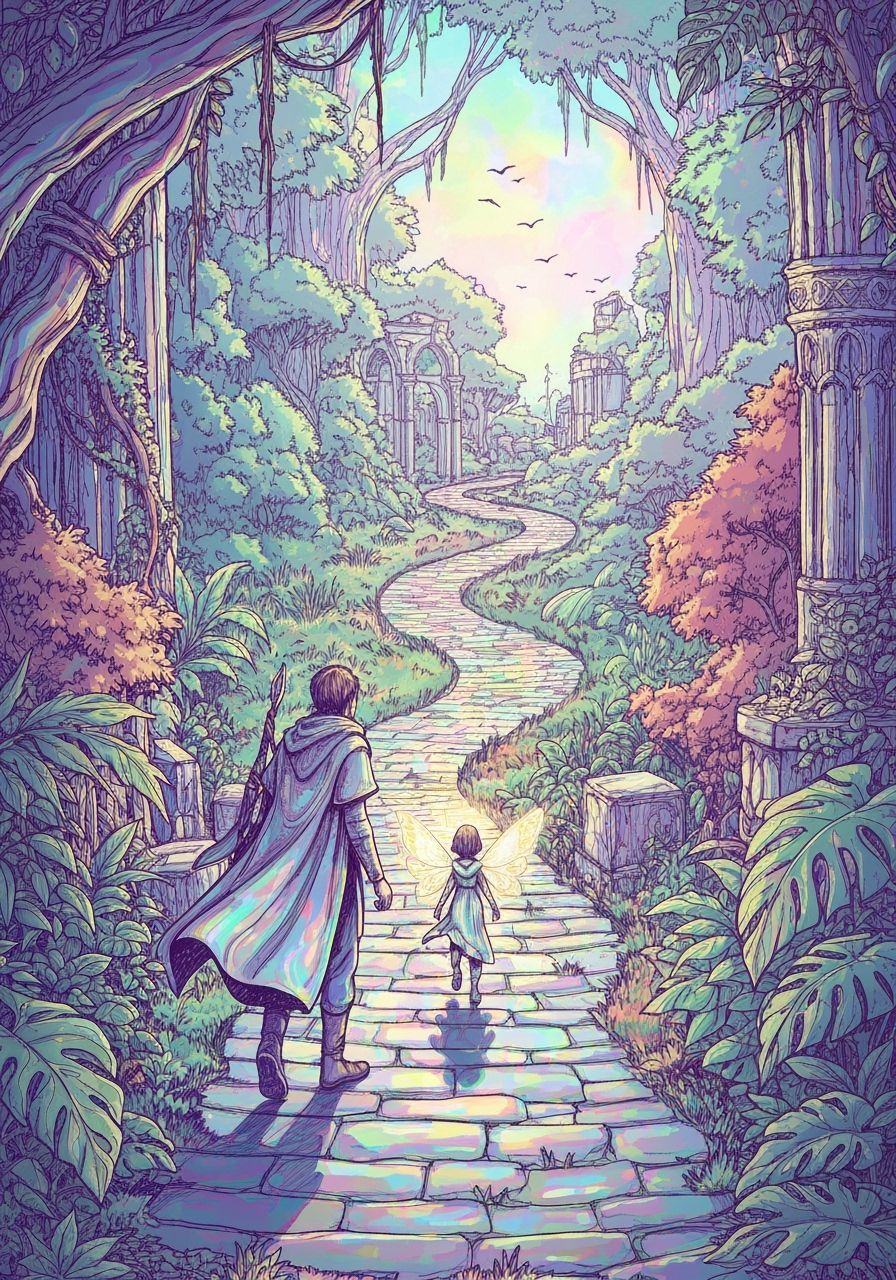 Ethereal Adventurer Follows Fairy on Mystical Path