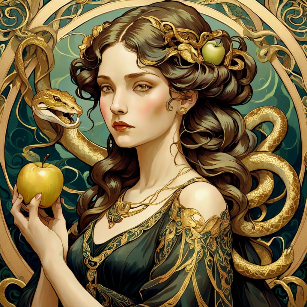 Art Nouveau Woman with Apple and Snakes in Golden Light