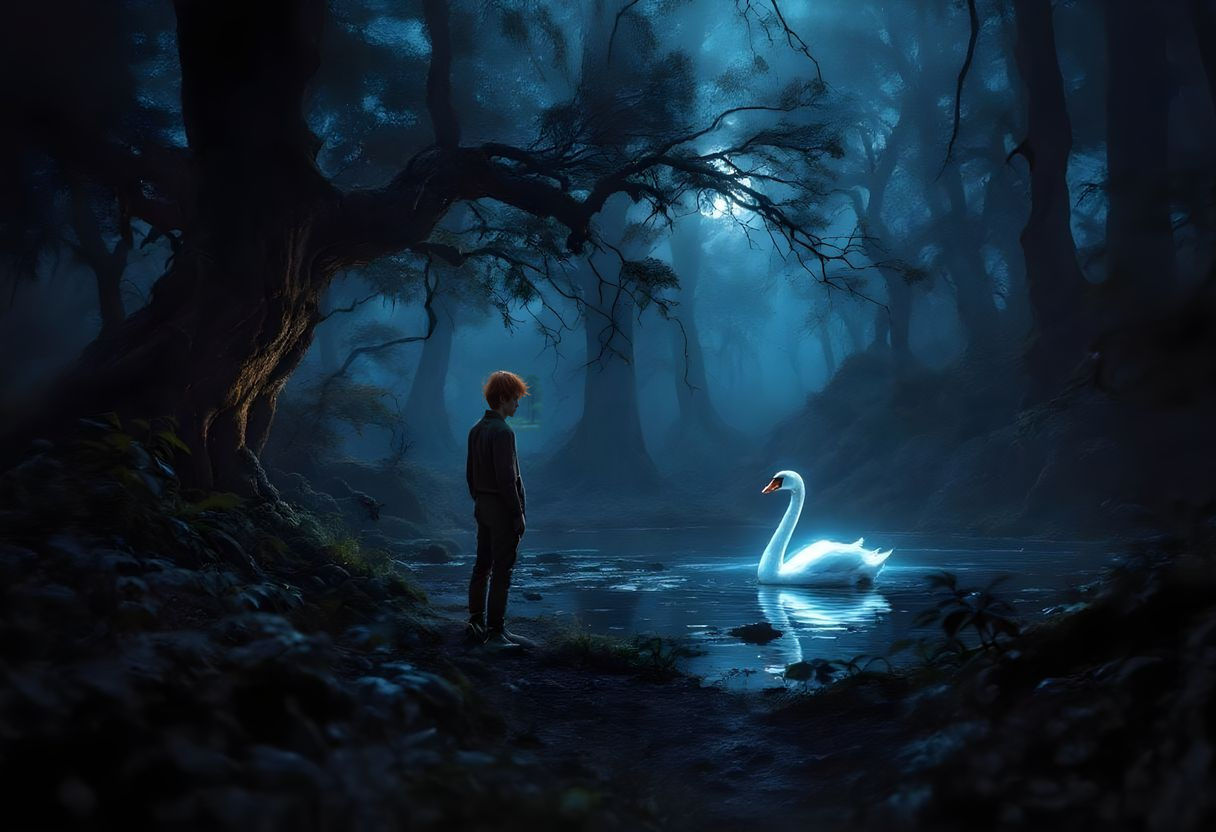 Red-Haired Youth and Glowing Swan in Gloomy Forest