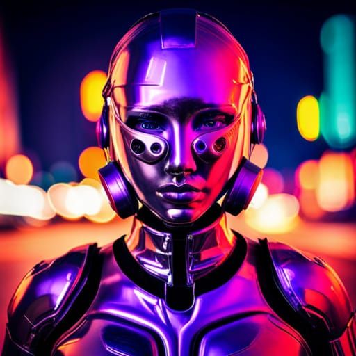Cyborg Girl in Neon City Nighttime