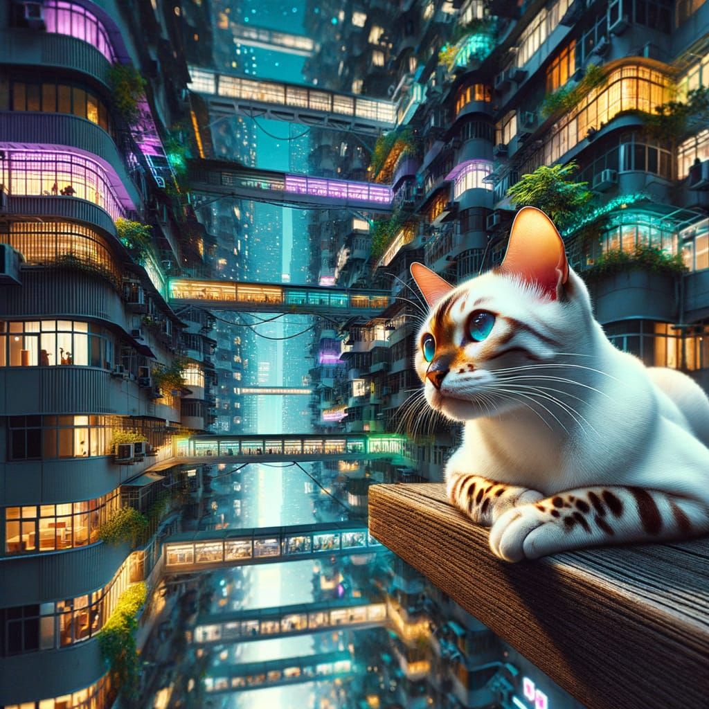 Cyberpunk Bengal Cat Surveys the City from a Wooden Beam