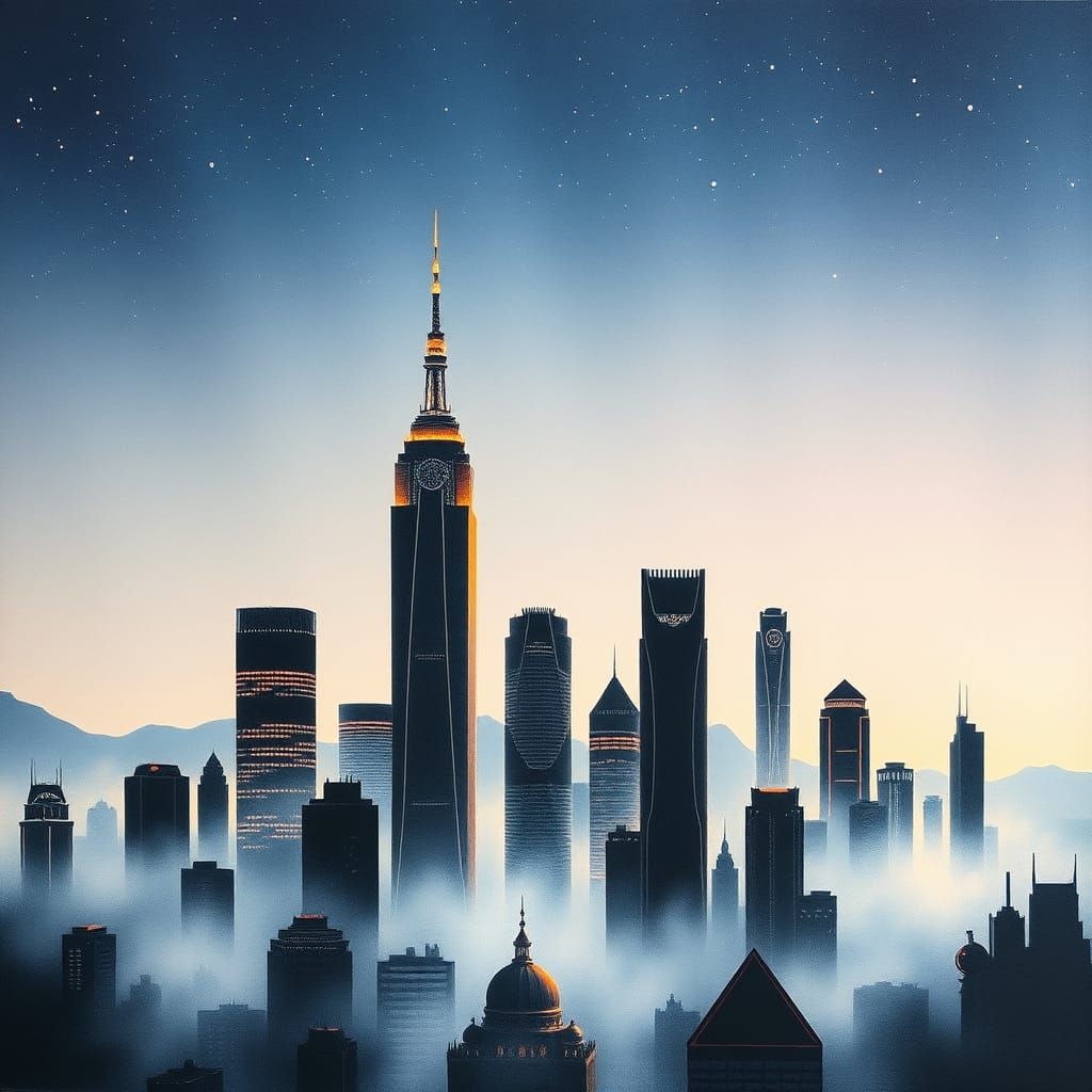 Surreal Chongqing Cityscape at Dusk in Charcoal and Pastels