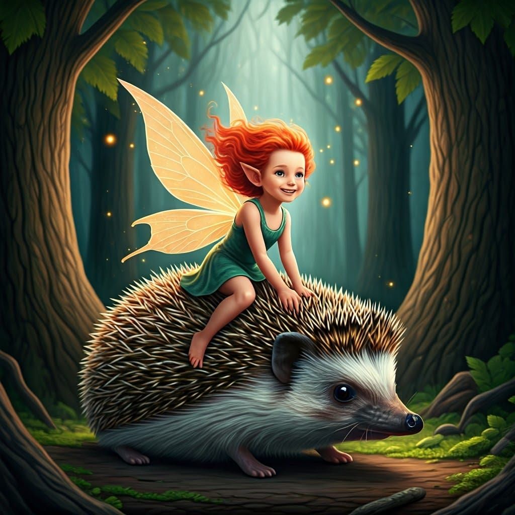 Mystical Fairy Rides on a Hedgehog Through Enchanted Woods