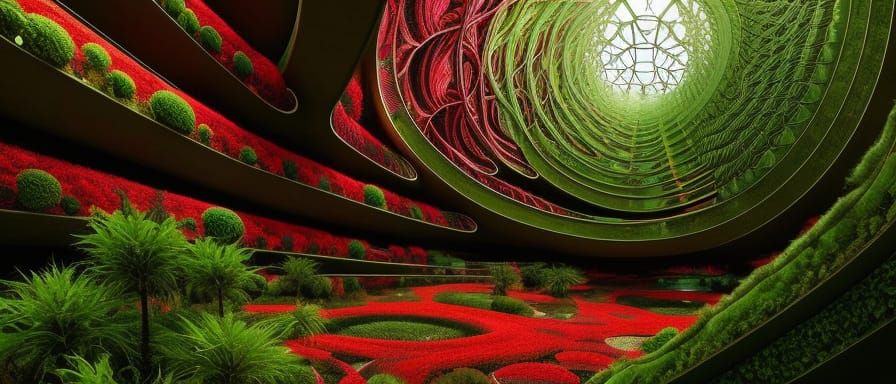 Fractal Futuristic Greenhouse of Vines and Willow Trees