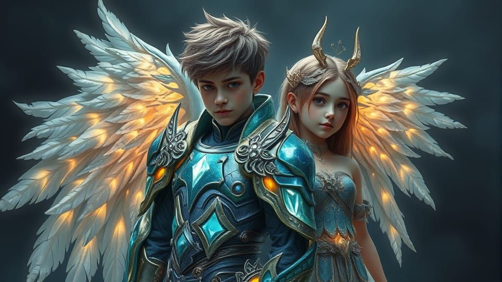 Armored Boy and Angelic Girl: Ethereal Digital Art