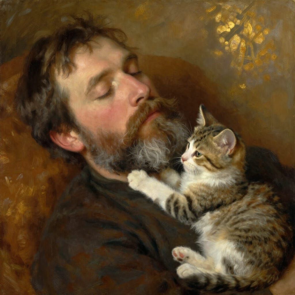 Man Asleep with Kitten in Beard, Painterly Style