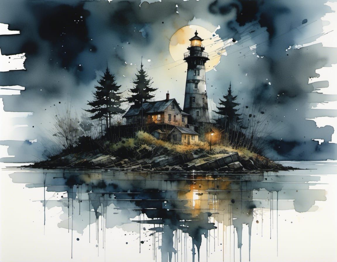 Ethereal Lighthouse Illuminates Midnight River