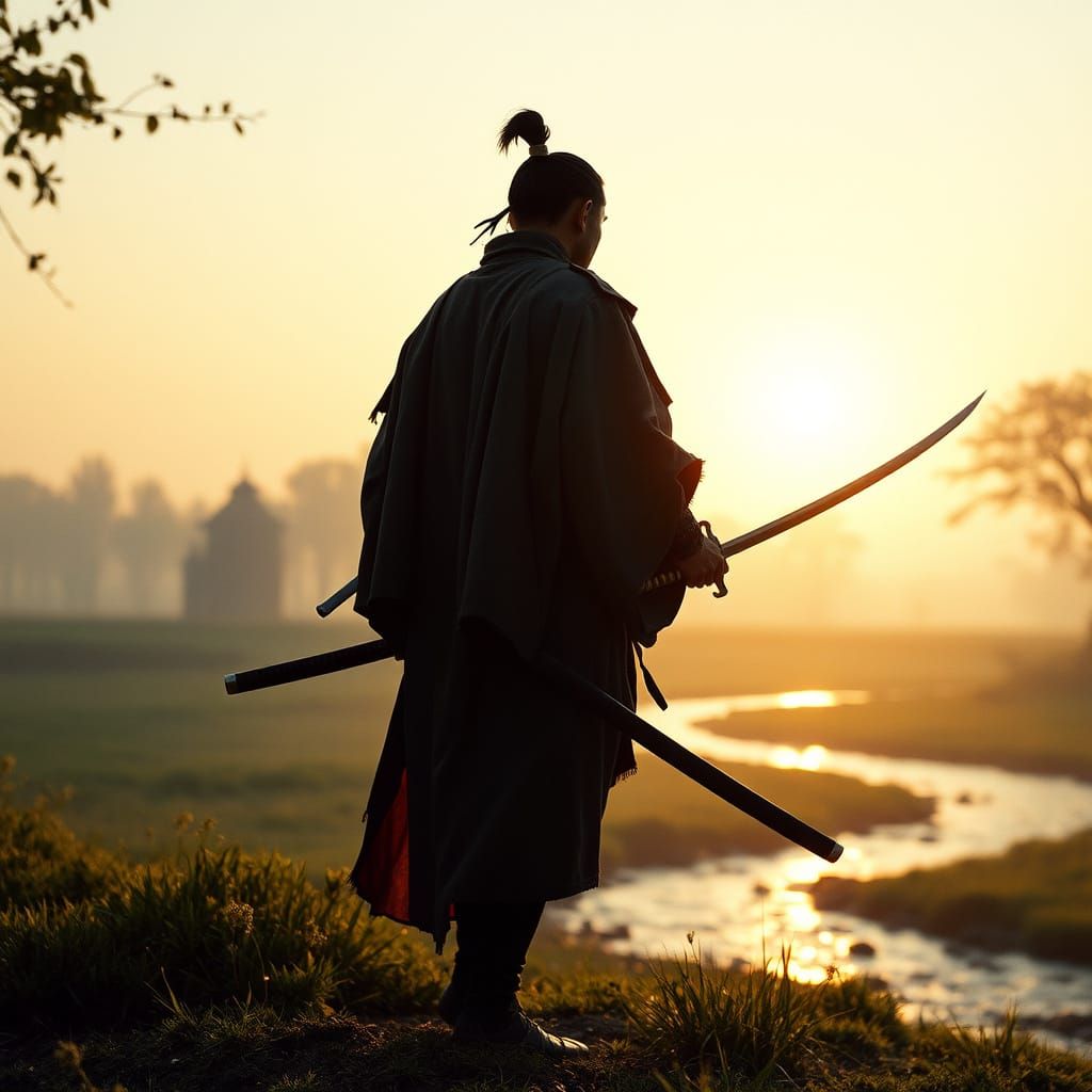 Ethereal Samurai Stands Vigilant in Dawn's Soft Light