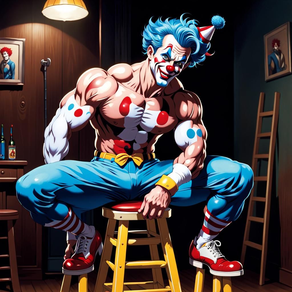 Muscular Male Clown with Tiny Cat, Anime-Style