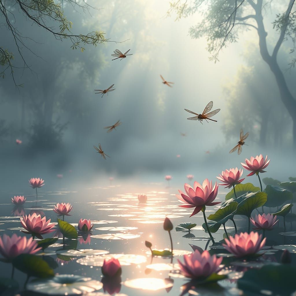 A tranquil, misty scene with delicate dragonflies hovering over a shimmering pond adorned with pink lotus flowers. Soft ...