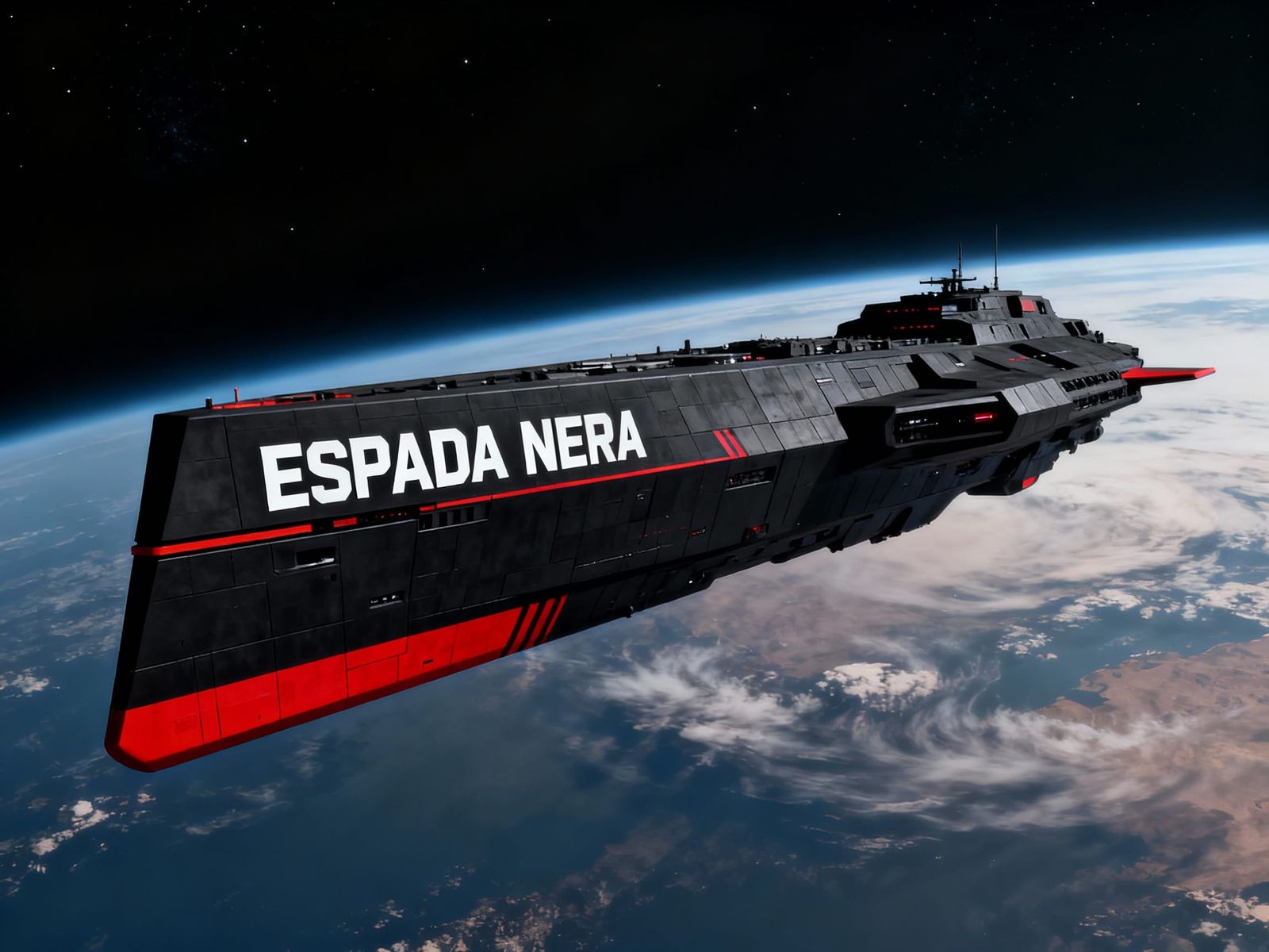 Sleek Black Spaceship with Red Accents Approaching Planet
