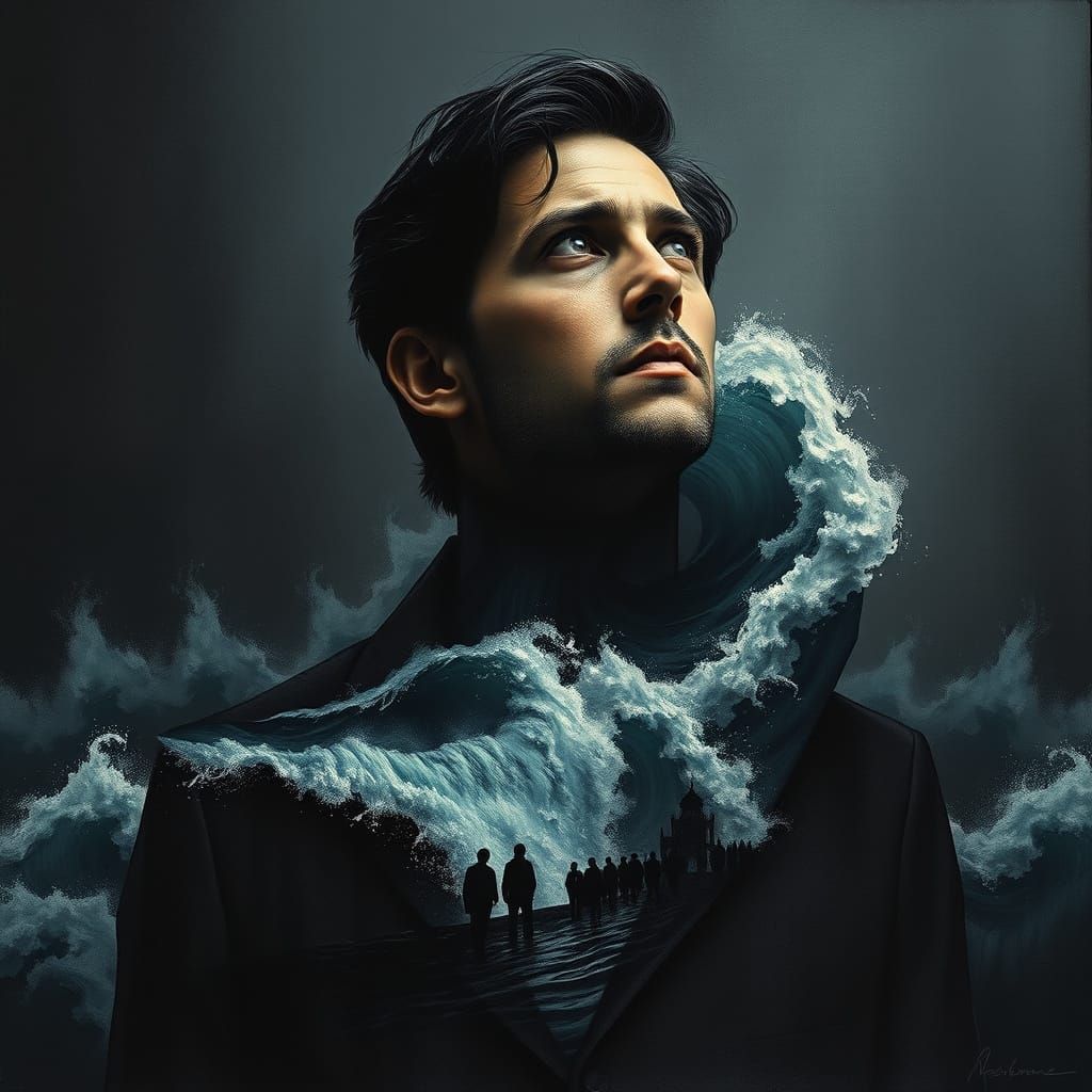 Solemn Figure Confronts Turbulent Inner Seas in Dark, Textur...