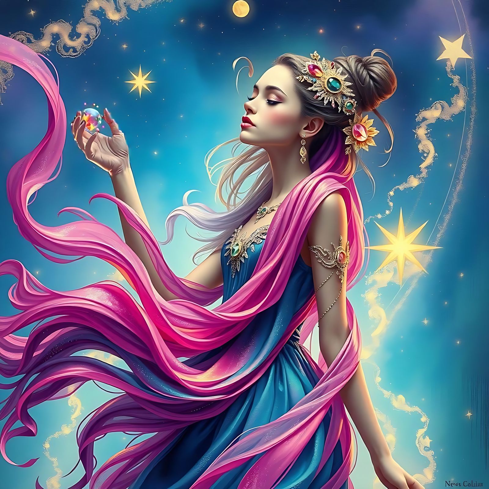 Sensual Cosmic Goddess in Teal and Magenta Attire