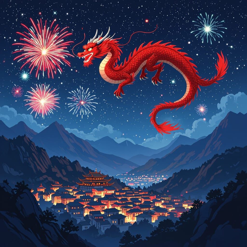 Chinese Dragon Soaring Over Town at Night