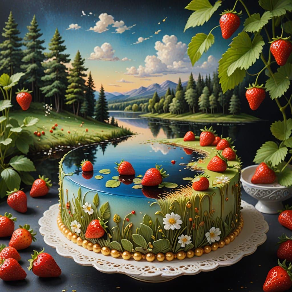 Whimsical Khokhloma Painting Cake in Dreamlike Summer Landsc...