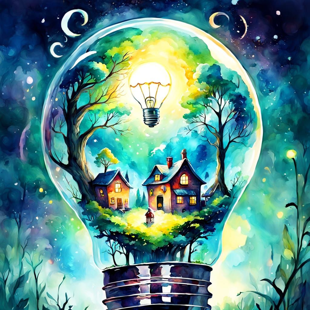 Fantasy World in Light Bulb, Watercolor Art