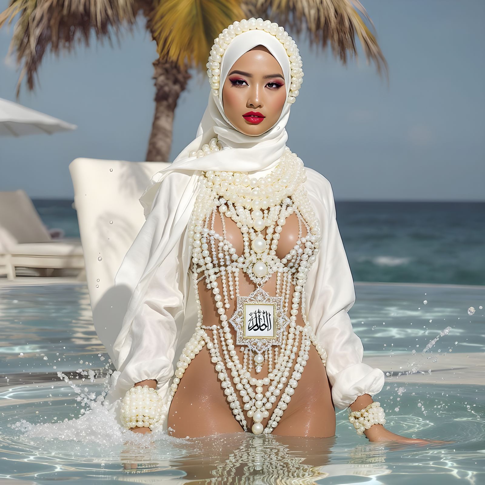 Hijab Woman in Pearl Jewelry: Alphonse Mucha Style