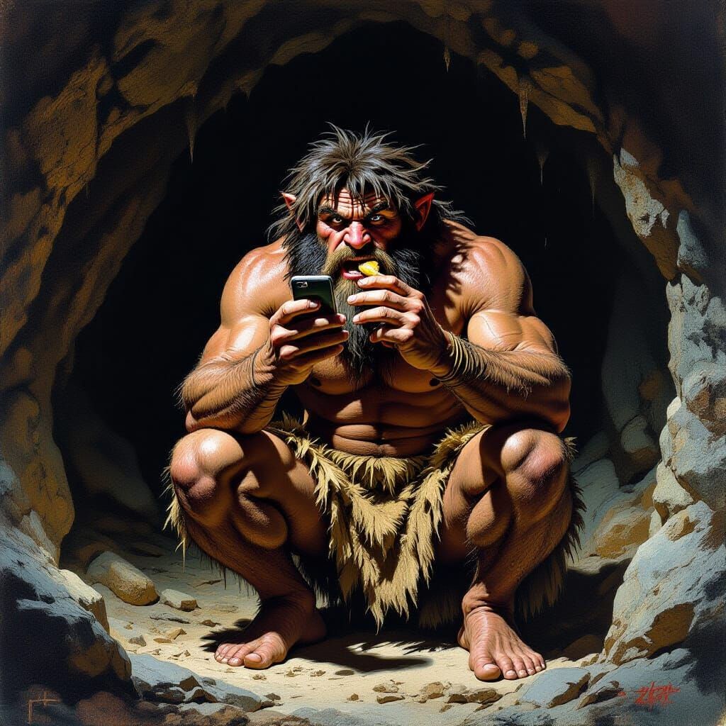 Caveman Discovers Smartphone as Comic Illustration