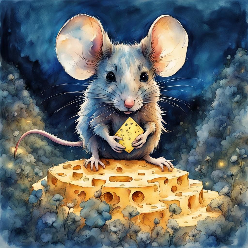 Whimsical Mouse in a Cheesy Haven under Starry Skies