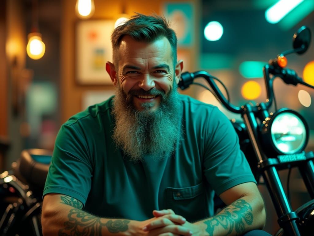 New Zealand Barber Poses with Chopper Motorcycle in Vibrant ...