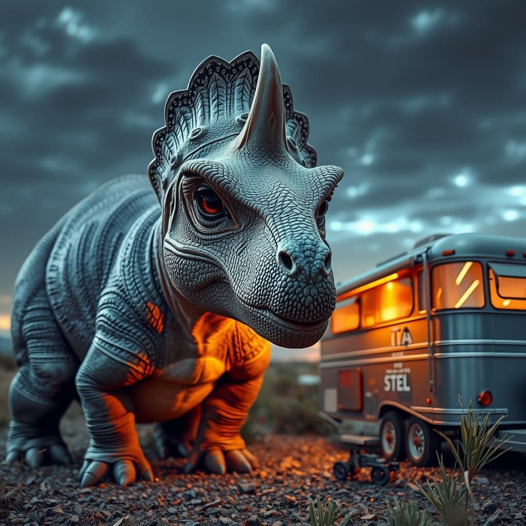 A Majestic Brontosaurus Amidst a Camper's Twilight Glow