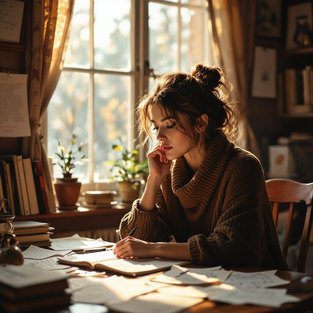 Woman Surrounded by Poetry in Digital Matte Painting Style