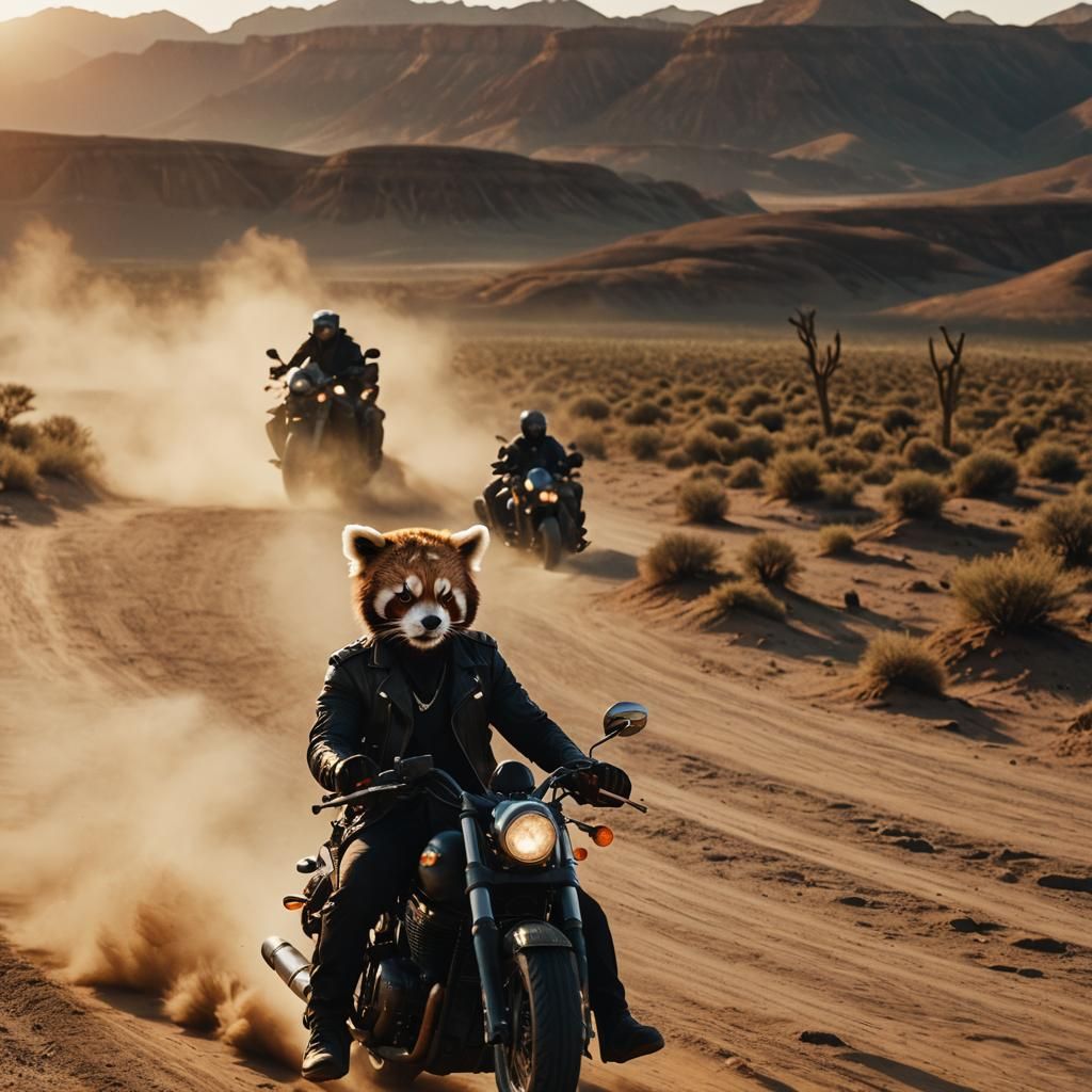 Dramatic Red Panda Rider Flees Desert Sunset