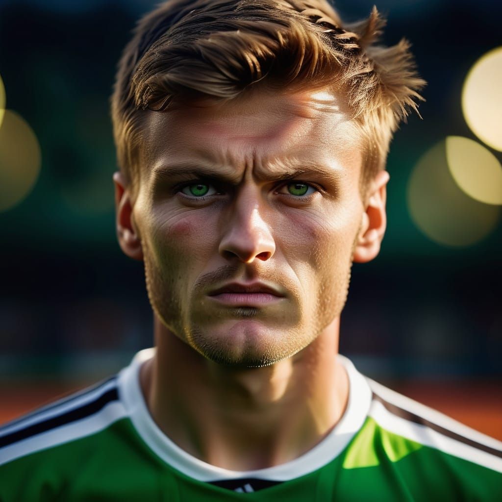 Determined Soccer Player in Intense Stadium Lighting