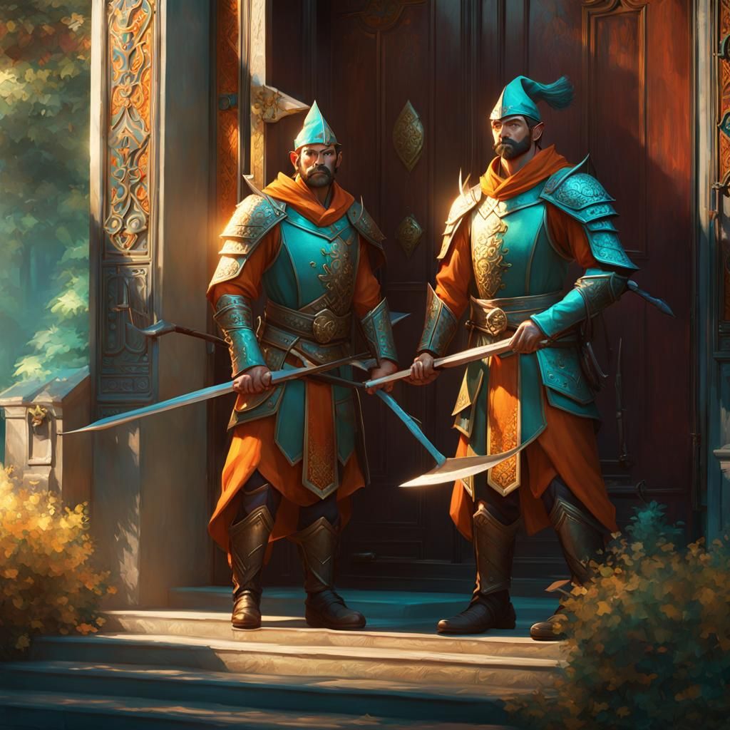 Elf Men in Half Plate Armor Stand Guard in Front of a Door,....