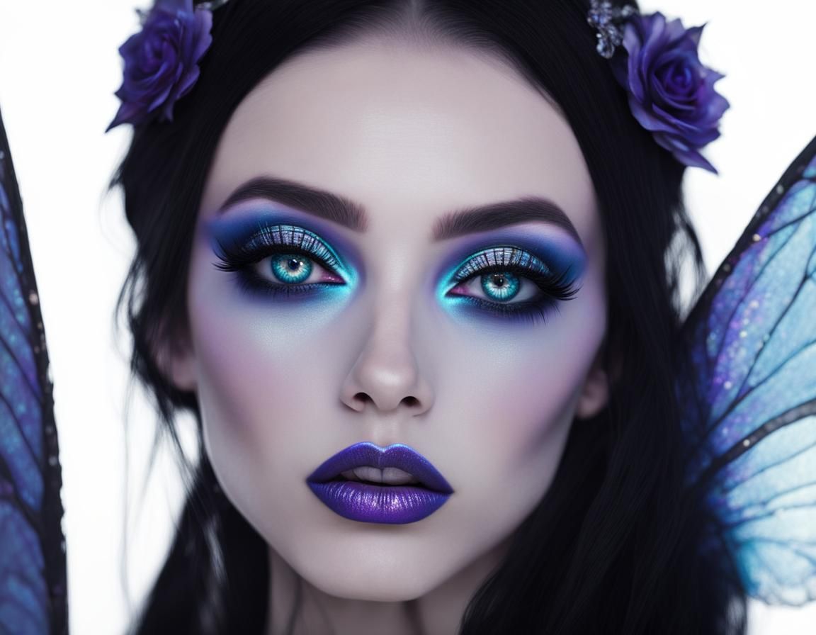 Ethereal holographic gothic fairy with long black hair and h...