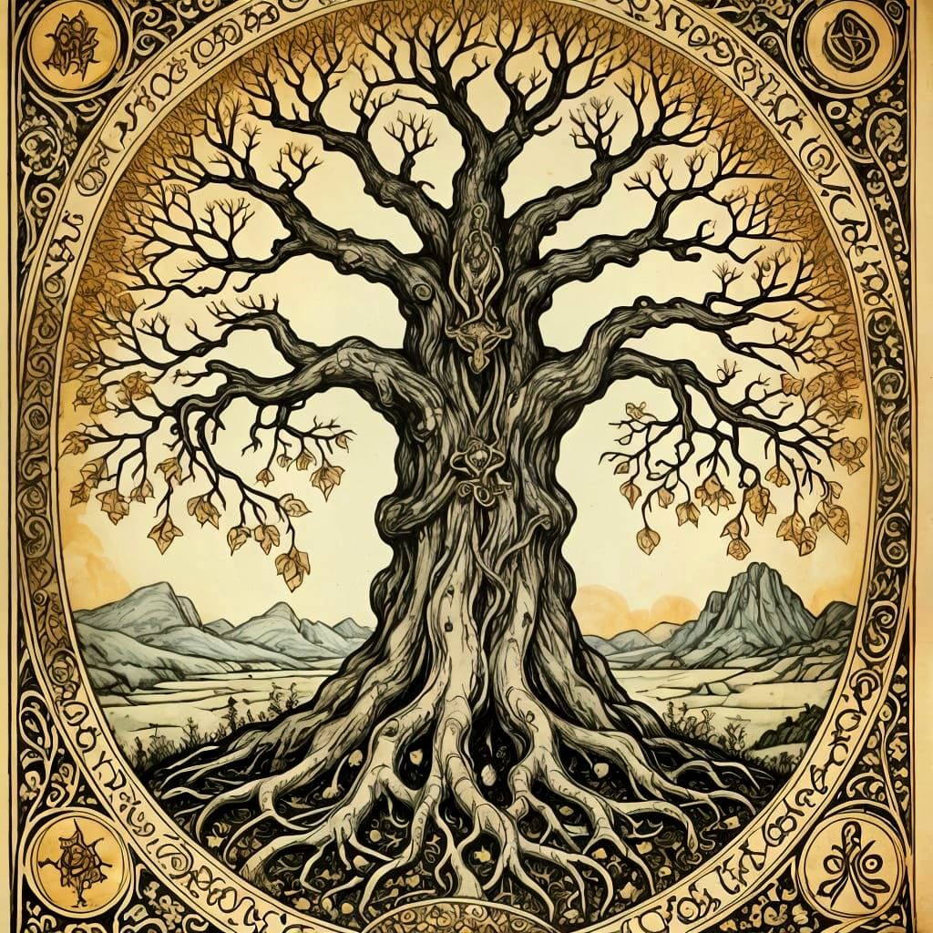 Norse Tree of Life in Ancient Parchment Drawing Style