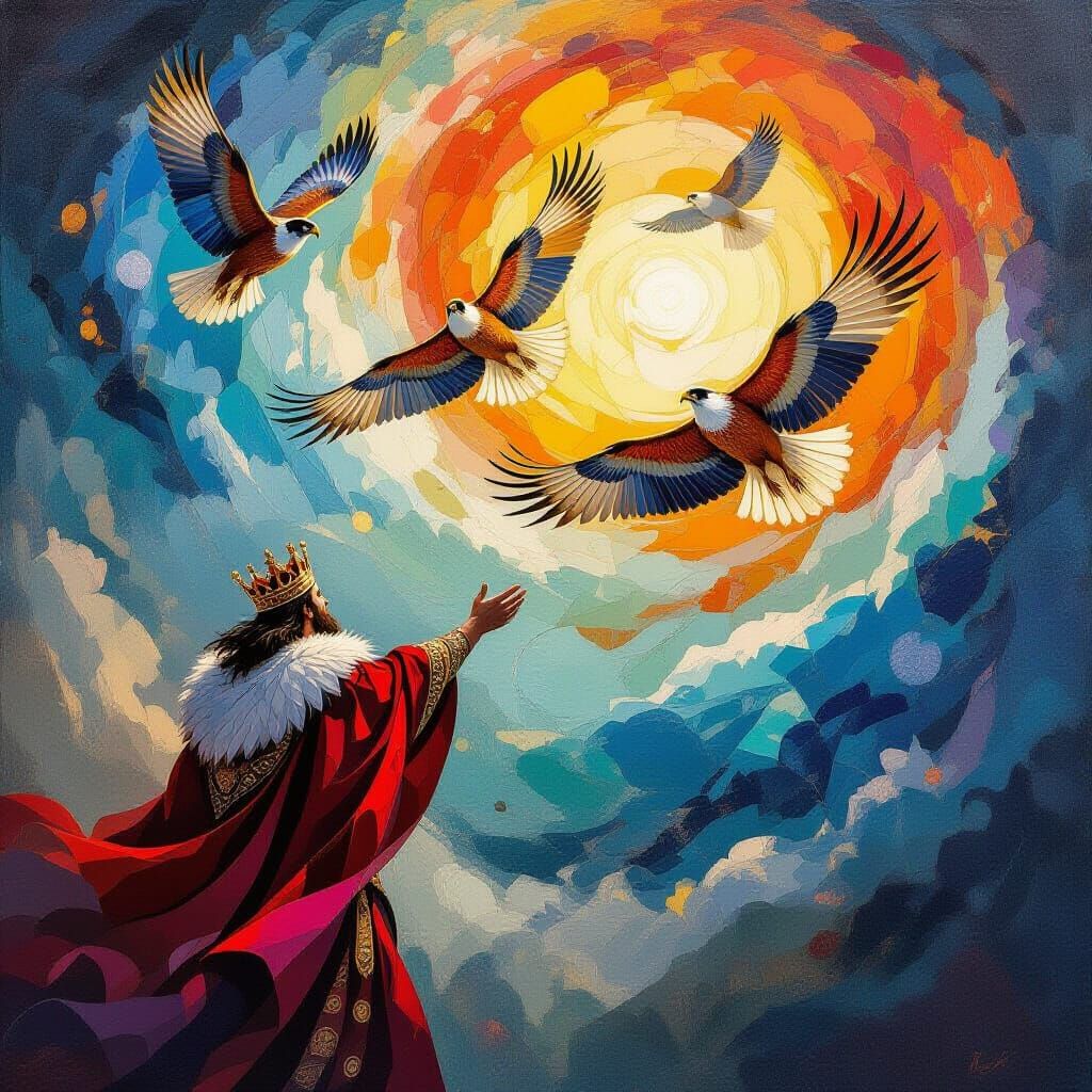 Regal King Frees Hawks into Abstract Sky