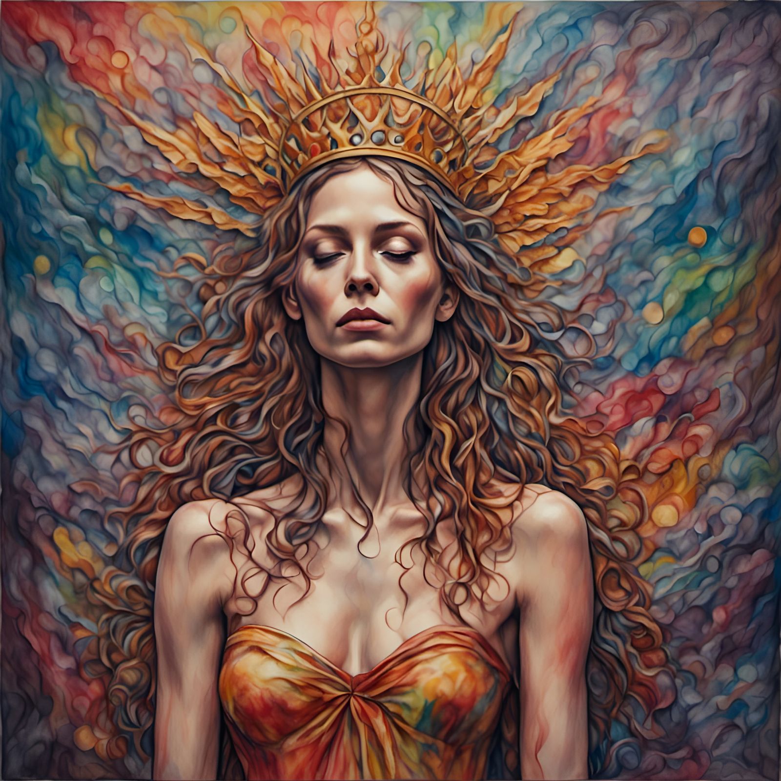 Colorful Queen in Vibrant Crayon-Wax Art