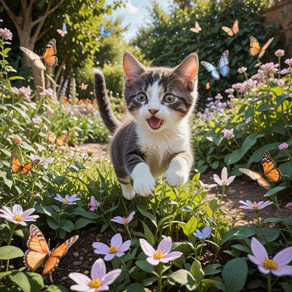 Kitten's Joyful Dance with Butterflies: Impressionist Garden