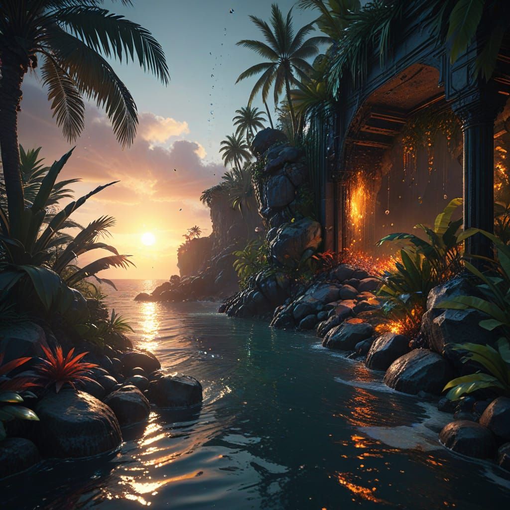 Magical Underwater City at Sunset, Matte Painting