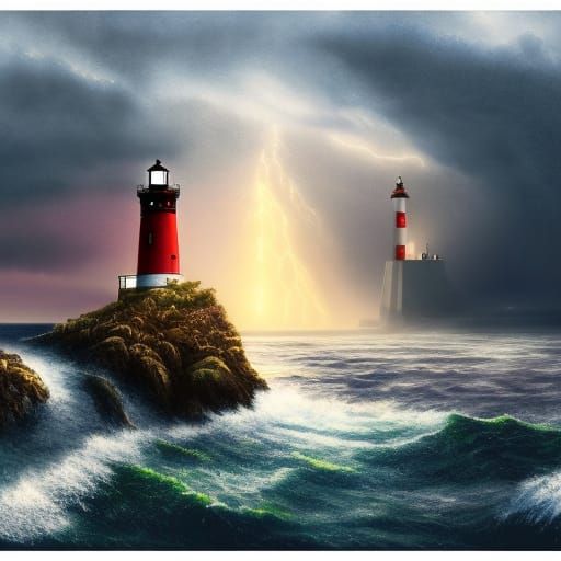 Majestic Cruise Ship Illuminated by Stormy Night Lighthouse