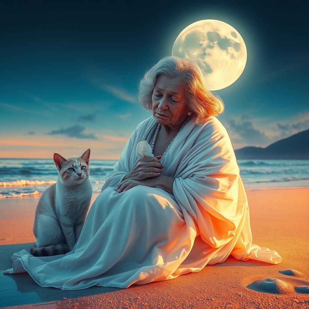 A Lonely Elderly Woman's Serene, Moonlit Solace