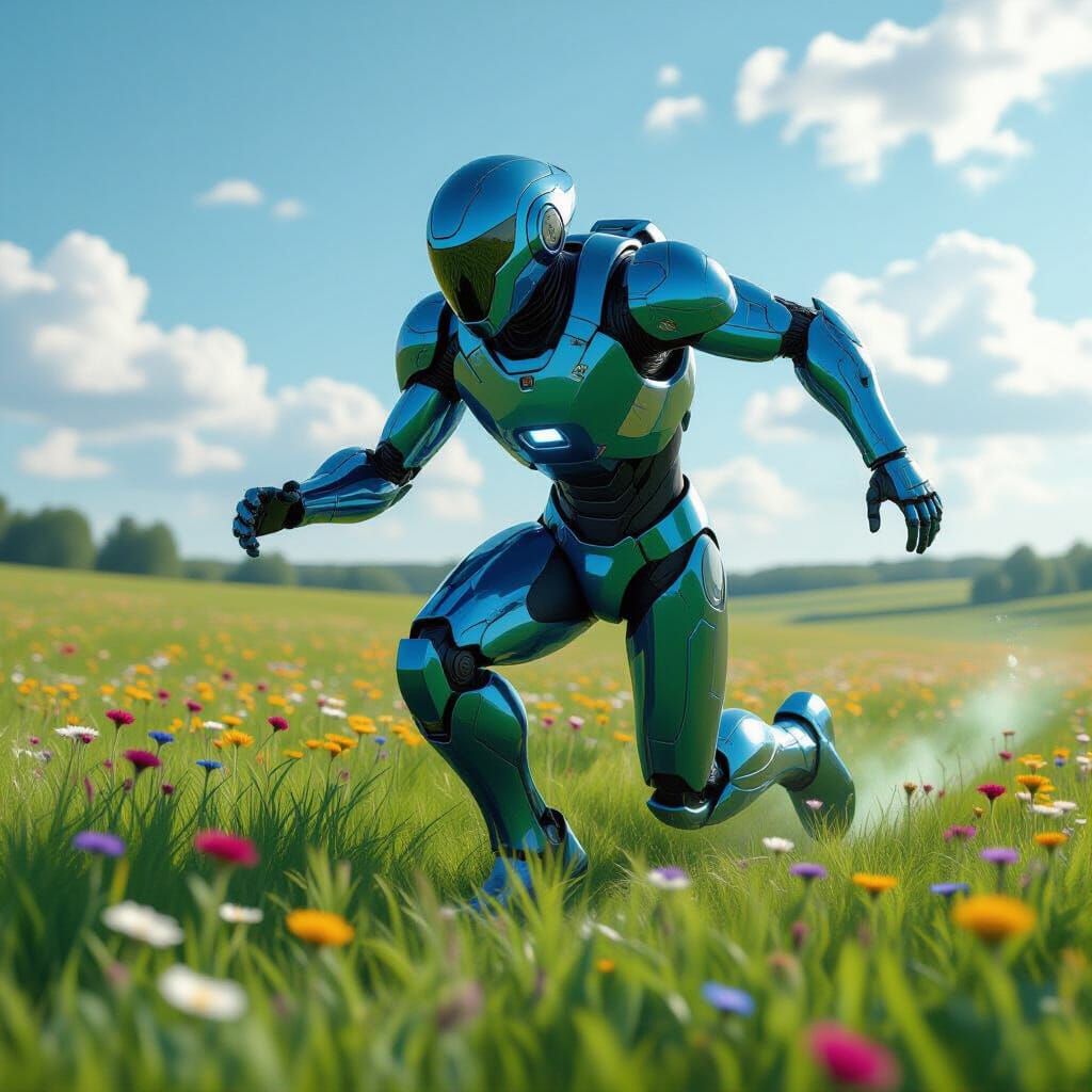 Blue Robot Runs Through Vibrant Flower Field