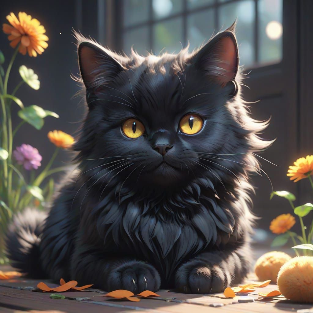 Cute Fluffy Black Cat in 3D Anime Art