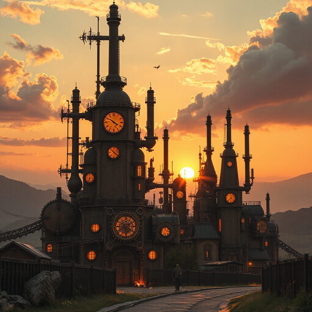 Steampunk Cityscape at Sunset, Zepelker's Enigmatic Industri...