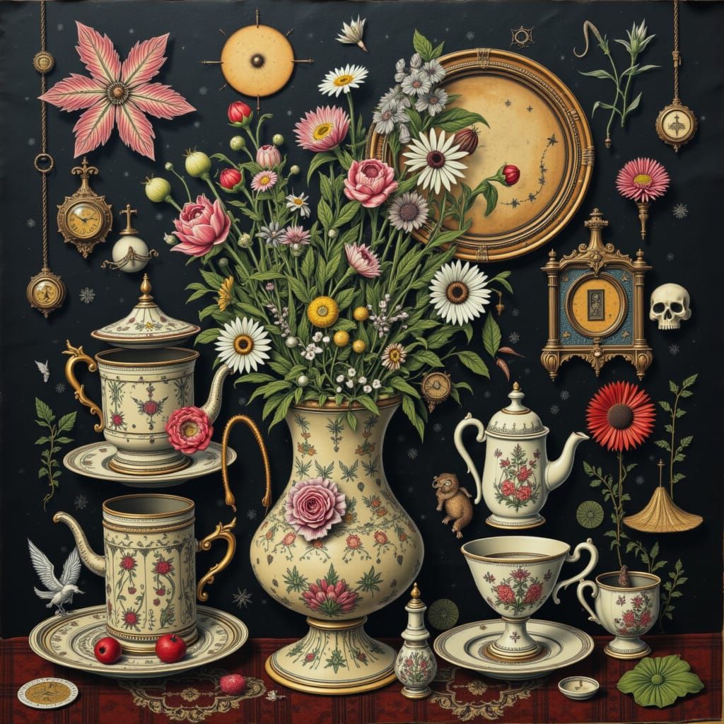 Gothic Teacups with Alien Plants Oil Painting