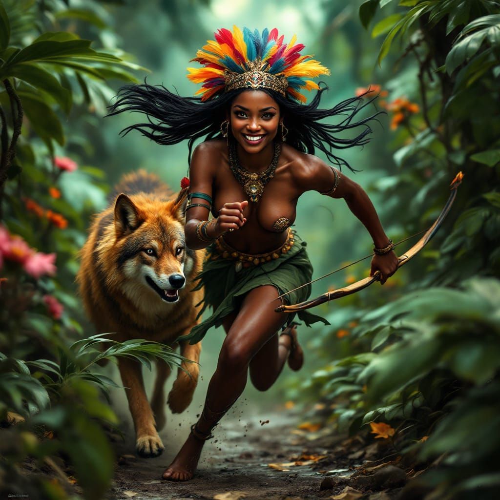 Brazilian Indian Warrior Goddess in Vibrant Jungle