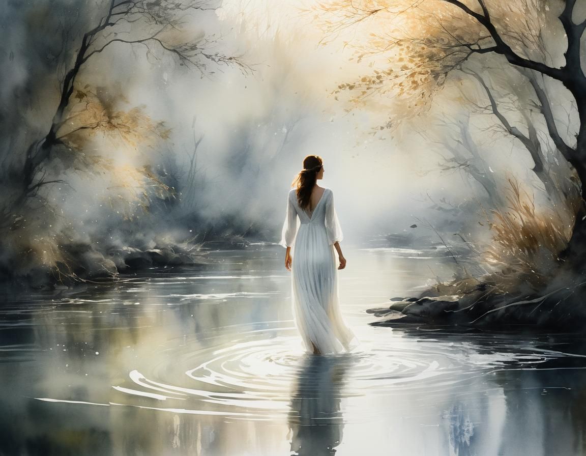 Ethereal Morning River Scene in Whimsical Watercolour