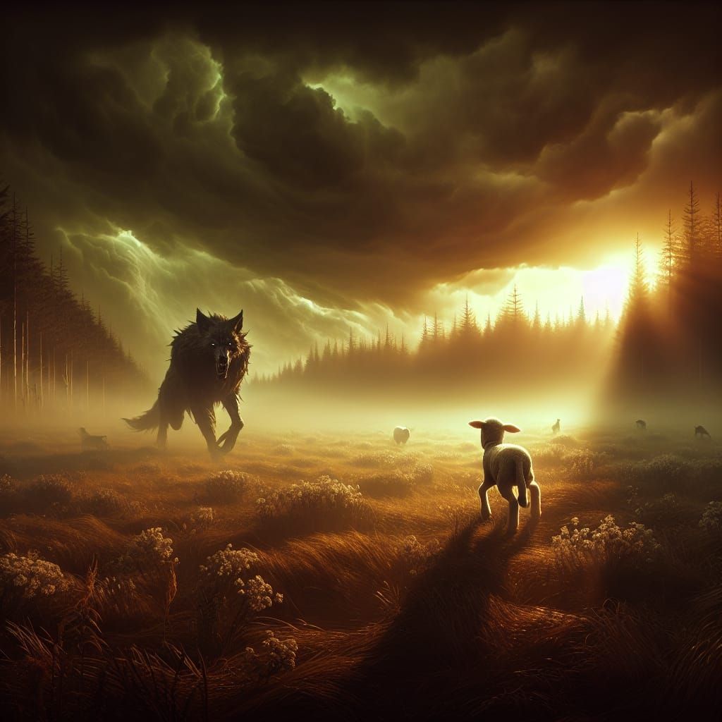 Dark Wolf Stalks Vulnerable Lamb in Golden Hour