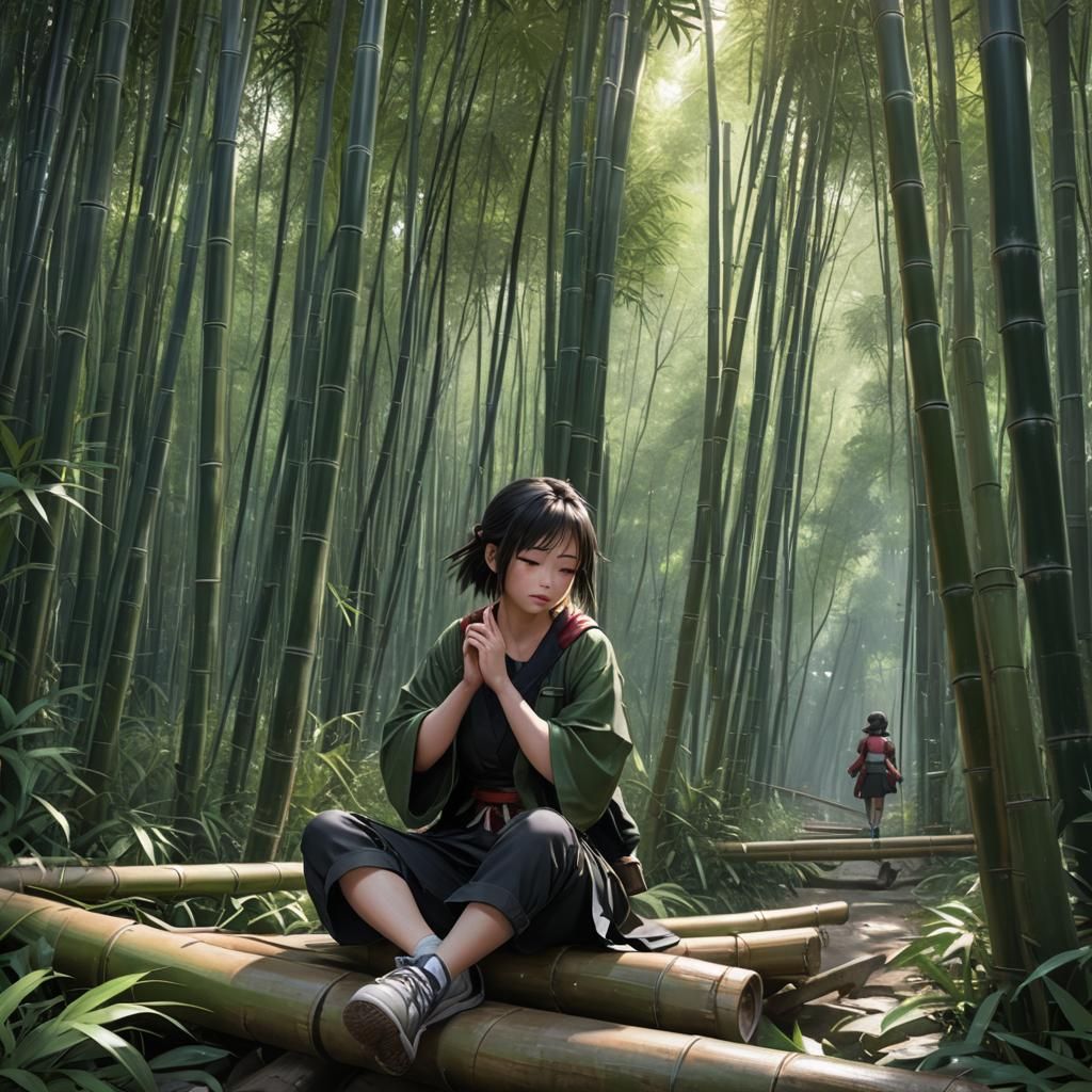 Elegant Girl Solitude in Bamboo Forest